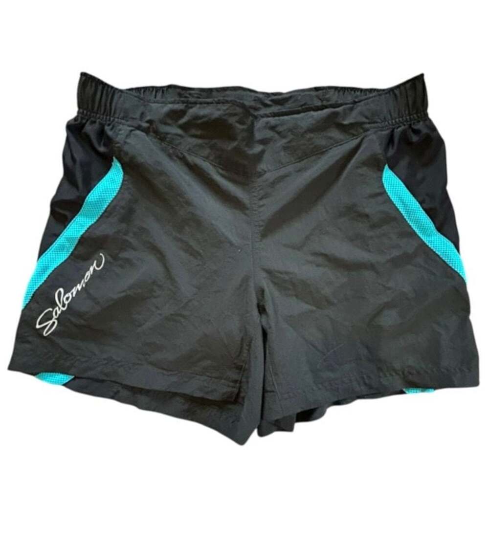 Salomon Black and Teal Athletic Running Shorts with Zip Pocket Size M